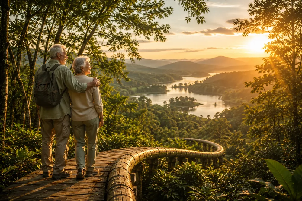 A retired couple walking, relaxed and clear-headed, on a sunlit forest path